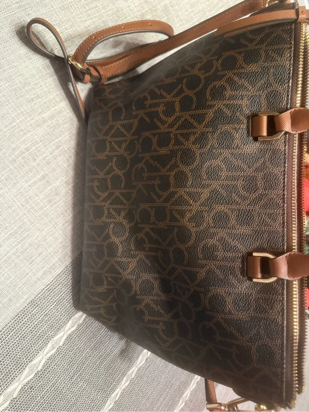Calvin Klein Brown Monogram Tote with Gold Logo
